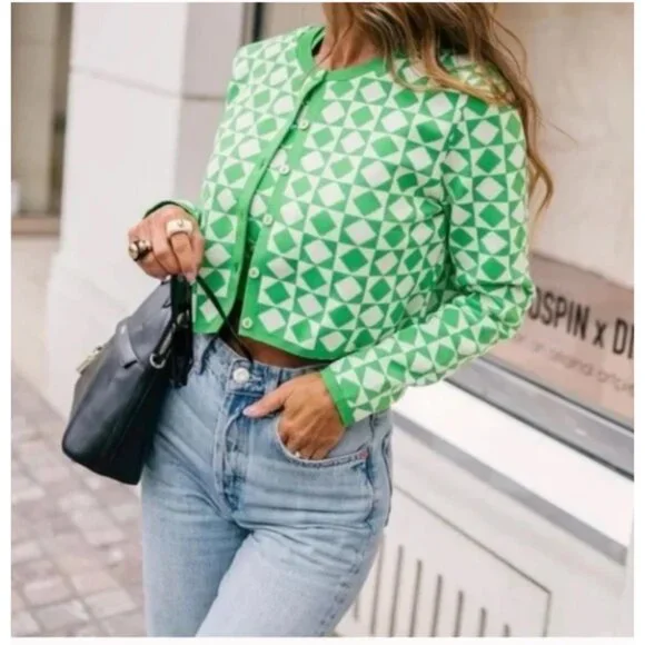 Zara Women's Green and Cream Cardigan, Lime Cream Cropped Button Up Top, Size Sm - Picture 2 of 8
